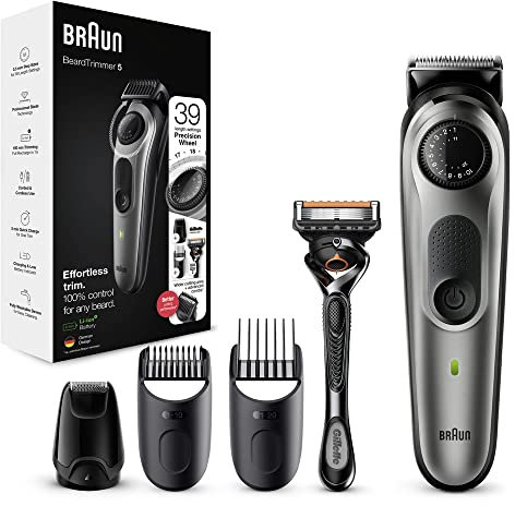 Braun Barttrimmer 5, Trimmer/Haarschneider Herren, Haarschneidemaschine, für Gesichts- und Kopfhaare, lebenslang scharfe Klingen, 39 Längeneinstellungen, Geschenk Mann, BT5365, schwarz/silber