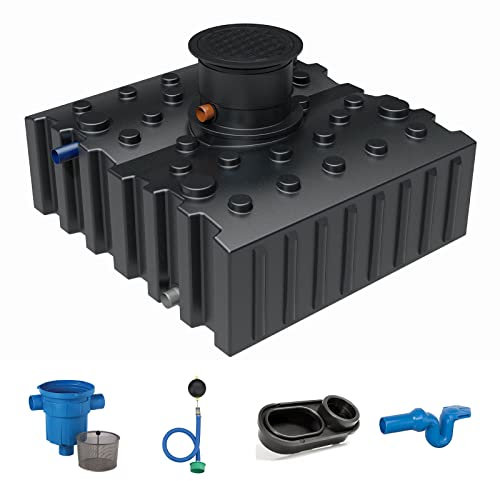 Retentionstank Retentionszisterne flach 4000 Liter Komfort mit Retentionsfilter, Schwimmdrossel 1 Zoll, Überlaufsiphon mit Skimmer und beruhigtem Zulauf für die Retention von Regenwasser