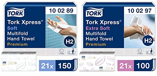 Tork Xpress weiche Multifold Papierhandtücher 100289 - H2 Premium Falthandtücher, 2-lagig, weiß - 21 x 150 Tücher & Xpress extra weiche Multifold Papierhandtücher 100297, 2-lagig, weiß - 21x100 Tücher