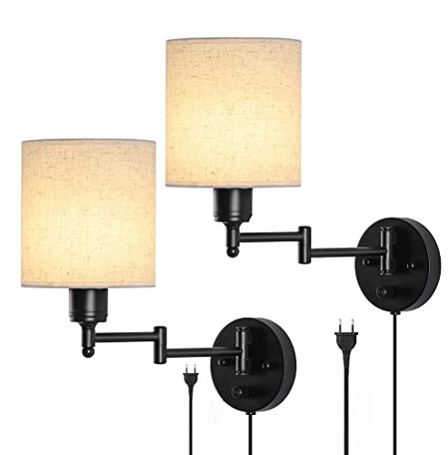 2-Set Innen Wandleuchte mit Schalter Einstellbare Schwenkbare Wandlampe mit Stecker Stoff Schirm Up-and-down-Beleuchtung Wandspot Nachttischlampe mit Kabel Wand Leselampe E27 Wandbeleuchtung Modern