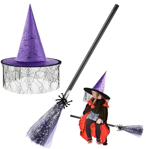 CLISPEED 72cm Hexenbesen und Hexenhut für 3-8 Jahre Halloween Kostüm Kinder, Party Hexen Zubehör für Hexenkostüm Kinder Karnevals Halloween Deko