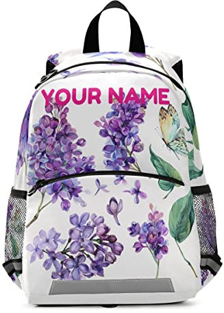 Mnsruu Rucksack mit individuellem Namen, personalisierbarer Kinder-Rucksack für Jungen und Mädchen, violett, lila, Blumenrucksack, Kindergarten, Vorschule, Kindergarten, Reisetasche, mehrfarbig, M