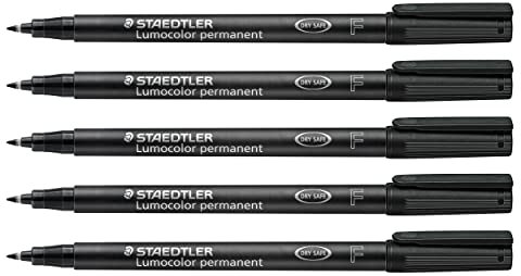 Staedtler Folienstift Lumocolor permanent, wisch- und wasserfest auf fast allen Flächen, Linienbreite F 0,6 mm, nachfüllbar, lange Lebensdauer, 5 schwarze Universalstifte, 318-9X