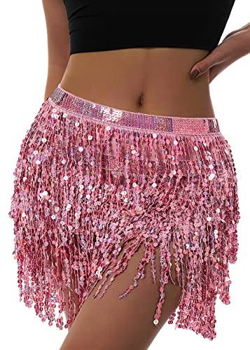 Faldas con borlas y lentejuelas para mujeres Falda con flecos para fiestas y discotecas, Rosa., Talla única