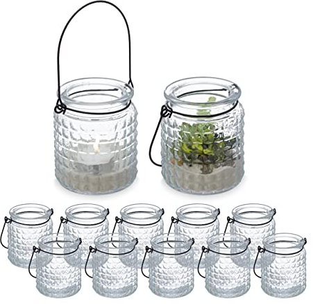 Relaxdays Windlicht, 12er Set, Glas, mit Henkel, innen & außen, Deko Teelichthalter, HxD: 9 x 8 cm, transparent/schwarz
