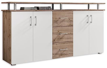 LIFT Highboard mit Ablage in Wildeiche Optik, Weiß - Moderner Wohnzimmerschrank mit Schubladen und viel Stauraum für Ihren Wohnbereich - 178 x 90 x 38 cm (B/H/T)