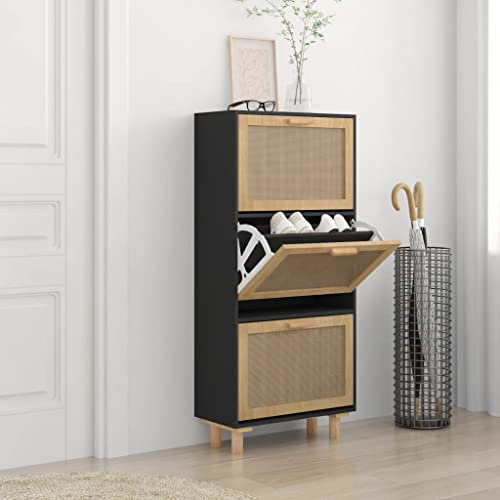 Tidyard Schuhschrank Schuhregal Schuhablage Schuhständer Schuhaufbewahrung Schuhtruhe Schuhorganizer Flurschrank Schwarz 52x25x115 cm Holzwerkstoff & Rattan Natur