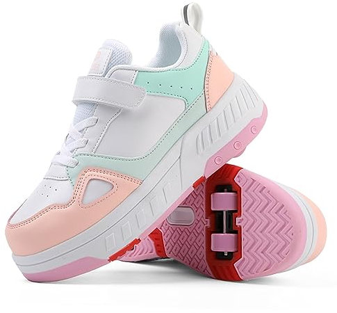 XRDSHY Schuhe mit Rollen Mädchen Jungen, 2-in-1 Multifunktionale Turnschuhe mit 4 Rollen, Sportschuhe für Kinder und Erwachsene, Skateboard-Schuhe,Pink-32 EU
