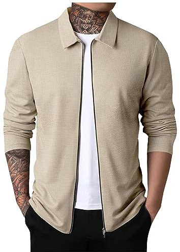 LUNULE Jeans Jacken Für Herren Outdoor Fleecejacke Warm Gefüttert College Jacke Jungen Leichte Dünne Waffel Einfarbig Revers Sweatjacke Mit Reißverschluss Casual Slim Fit Jacket Men (Khaki, XXL)