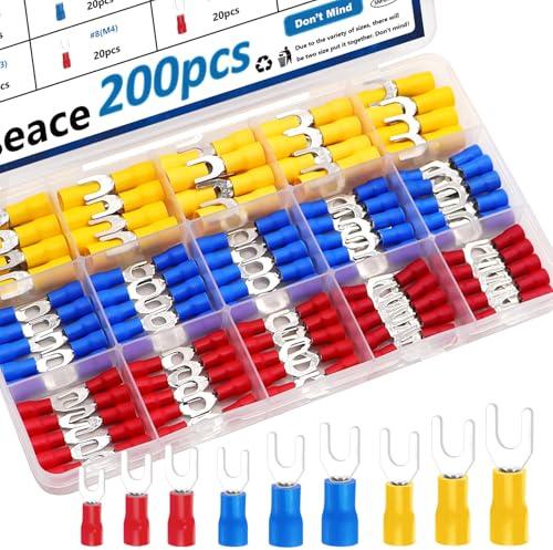 smseace 200Pcs #4,#8,#10,1/4 Inch Fork Spade Connectors with 22-16/16-14/12-10 AWG Fork Terminals