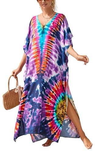 IMAGEKOPE Kaftan Dresses for Women Plus Size Bathing Suit Cover up Vneck Batwing Dress Loose fit Moroccan Caftan mumu Dresses Amethyst