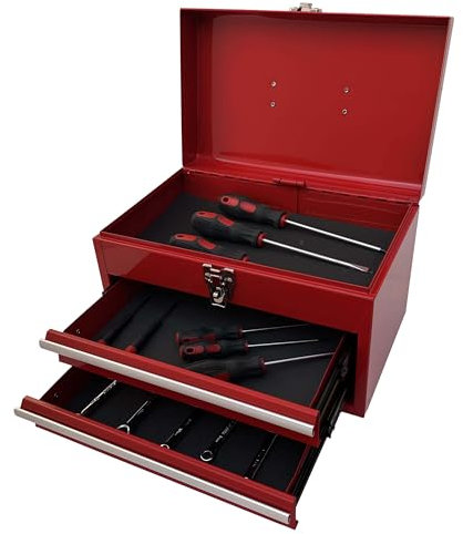 Workington Tragbarer Werkzeugkasten aus Metall mit 2 Schubladen, 35,6 cm, 2 Schubladen, mit kugelgelagerten Schubladenschienen, Werkzeug-Aufbewahrungsbox, Organizer, 4202, Rot
