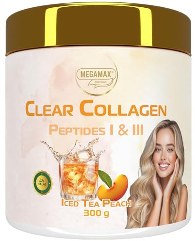 MEGAMAX Clear Collagen Peptide 300 g - Pfirsich Eistee - ca 25 g Protein auf 3 Portionen - Clear Kollagen Pulver ICE TEA PEACH klar wie Isoclear