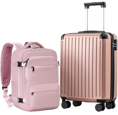 COOLIFE Kabinväska 55 x 40 x 20 cm för Ryanair flygplan, handbagage, kabinbagage, hård väska med TSA-lås och 4 dubbla hjul, Roséguld, 55 x 40 x 20 cm - Set de 2 piezas, Trolley resväska resväska ABS