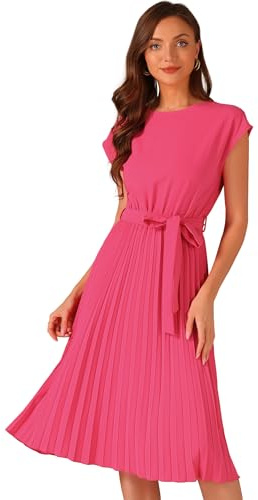 Allegra K Vestido Plisado Mujer Cuello Redondo Manga Casquillo, Elegante | Cintura Con Lazo Vestidos De Una Línea, para Verano, Oficina, Trabajo