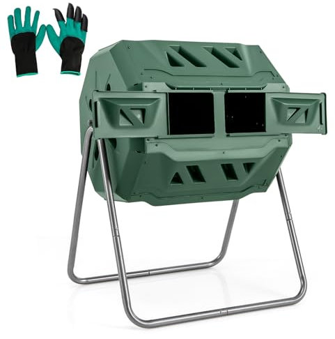 COSTWAY 160L Trommel-Komposter, Gartenkomposter Doppelkammer, 360° drehbar, Kompostschleuder mit 2 Schiebetüren & Handschuhe, Schnellkomposter aus PP & Metall, für Garten Balkon, 70x63x93cm (Grün)