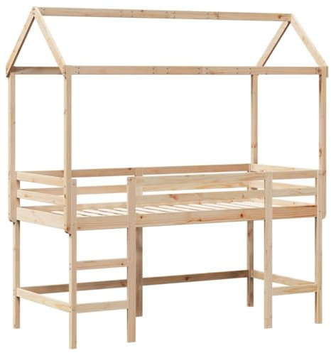 vidaXL Hochbett, Kinderbett mit Leiter Dach Sicherheitsgeländer, Spielbett für Kinderzimmer, Bett Holzbett Einzelbett, 90x190cm Massivholz Kiefer