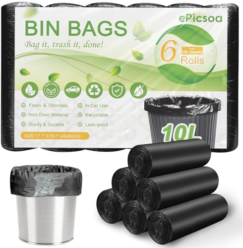 120 bolsas de basura pequeñas de 10 L, bolsas de basura pequeñas con pedales, color negro | Mini bolsas de basura con pedales, bolsas de basura para coche, oficina, baño, dormitorio
