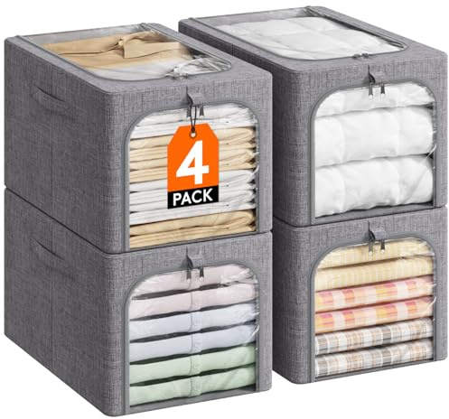 Lifewit - Paquete de 4 contenedores de almacenamiento de ropa con marco de metal, contenedores de almacenamiento de ropa plegables con tapas, cajas de almacenamiento apilables de 40L | Bolsas de almacenamiento de tela apilables con tapa, cierre de cremallera, organizador plegable para ropa, manta