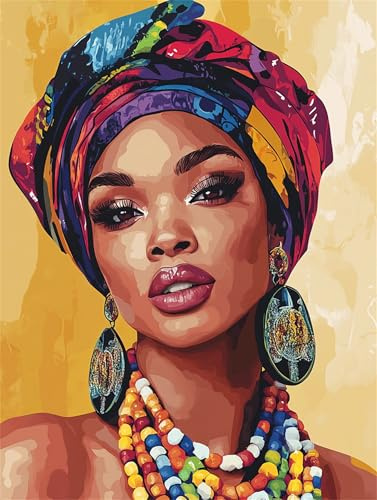 Malen Nach Zahlen Erwachsene afrikanische Frau Malen Nach Zahlen Farbe Paint by Numbers Anfänger kinder,Handgemalt Ölgemälde Leinwand Kits mit Acrylfarben Bastelset,Home Deko,Frauen Geschenk 40x50cm