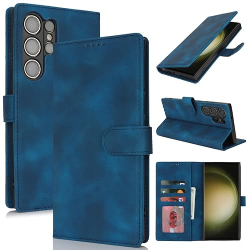 Zouzt Hülle für Samsung Galaxy S23 Ultra, Premium PU Leder, Vintage Blau