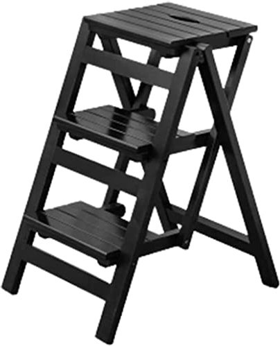 Sgabello pieghevole in legno, multifunzione, scala a forma di A, per cucina, capacità 150 kg, scala telescopica a 3 gradini (nero)