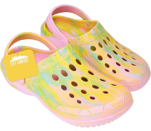 CityComfort Clogs damtofflor bekväma lätta sommarsandaler med remmar för hus trädgård arbete eller strand present för kvinnor, Gul slips färga, 39/40 EU
