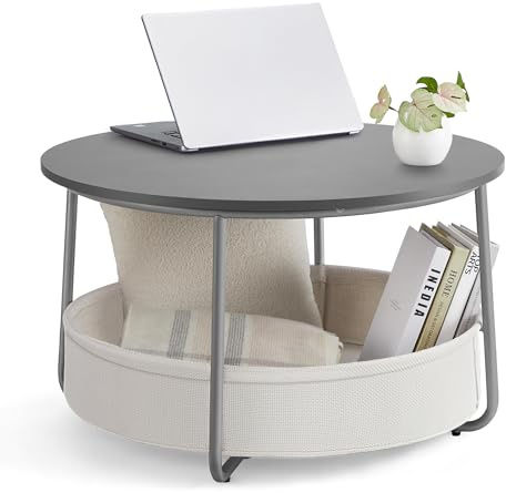 VASAGLE Couchtisch rund, Wohnzimmertisch mit Korb aus Stoff, Metallrahmen | Tisch mit Stauraum, Beistelltisch, modern, zementgrau, LILEA Kollektion LCT244G01