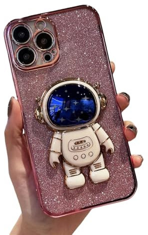 Glitter Astronauta Stand Cassa Del Telefono per iPhone 11 12 13 Mini 14 15 16 Pro Max X Xr Caso con Stand 7 8 Plus Oro Rosa
