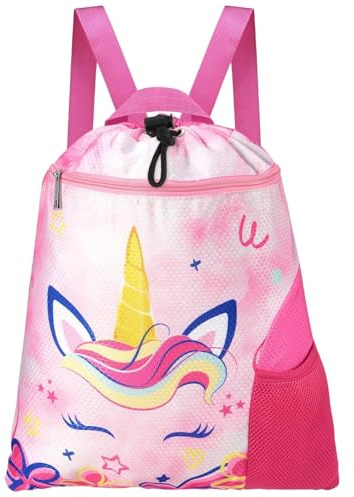 WAWSAM Einhorn Turnbeutel Kinder - Turnbeutel Mädchen Sportbeutel String-Rucksack für Mädchen Sport Schule Strand Reisen Schwimmen Sportbeutel mit Reißverschlusstasche Wasserflasche Tasche