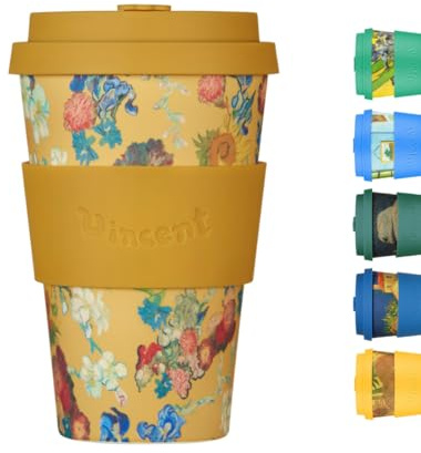 Ecoffee Cup Van Gogh Collection Wiederverwendbarer umweltfreundlicher Kaffeebecher auf pflanzlicher Basis, mit Silikondeckel und Hülle, melaminfrei und biologisch abbaubar, spülmaschinenfest