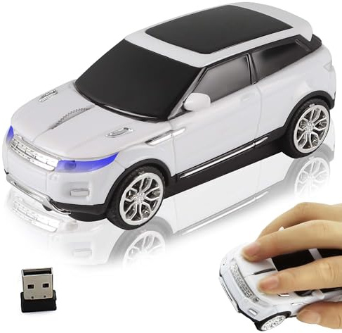 Souris de voiture sans fil 2,4 G en forme de SUV avec phare, souris optique sans fil ergonomique et silencieuse avec récepteur USB, pour ordinateur portable PC, Cadeau pour Famille et Amis - Blanc
