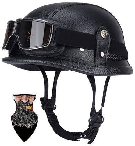 Retro Alemán Estilo Cuero Moto Medio Casco, Casco de protección de Cuero para Motocicleta con Gafas, Cascos de Cara Abierta Vintage para Hombres ECE 22-06 Homologado(55~64cm)