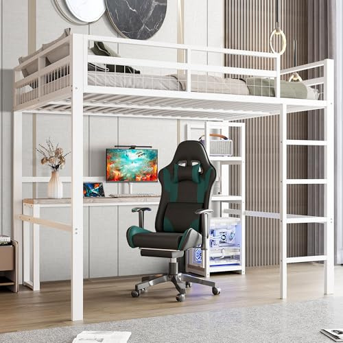 Seyakany Lit Mezzanine en métal 140 x 200 cm avec Prise de Courant USB Type-C et Bureau,Lit superposé Enfant 140 x 200 avec Garde-Corps et échelle,Plusieurs étagères,Cadre de lit,sans Matelas, Blanc