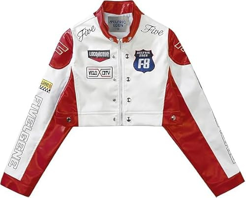 Aelfric Eden Women's Faux Leather Cropped Racing Jacket Zip Patchwork Letters Print Motorcycle Jacket Hiphop Y2K Streetwear, red, M