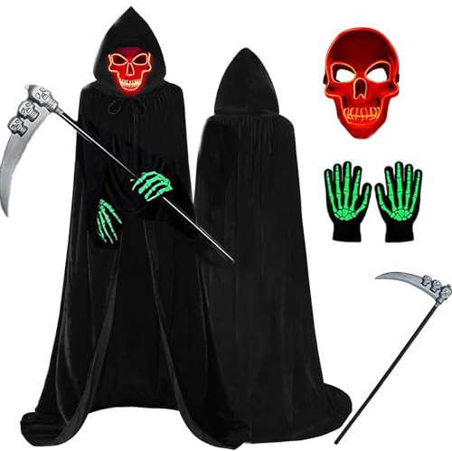 Bukbas Halloween Kostüm, Sensenmann Kostüm Herren Damen Erwachsene | Grim Reaper Kostum Erwachsene mit Sensenmann Umhang Sense Schädelmaske Handschuhen für Halloween, Karneval, Cosplay