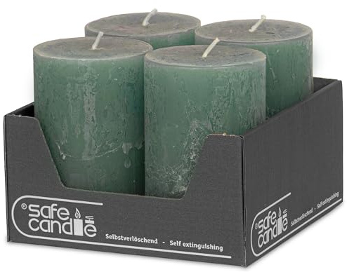 DecoLite Stumpenkerzen Rustik 11 x 7 cm 4er Set, 51h, Salbei | Made in Germany, RAL-zertifiziert, durchgefärbte Rustik Kerzen, ruß- & tropffrei, für Hochzeit & Gastronomie, selbstlöschend