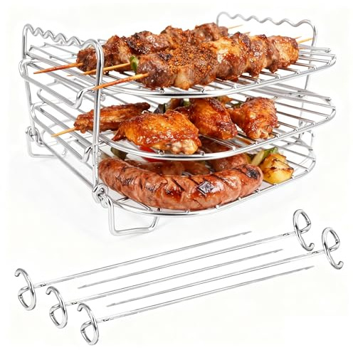 Griglia per Friggitrice ad Aria 3 Livelli con 5 Spiedini | Accessorio Air Fryer in Acciaio Inox | Griglia Quadrata 18cm Pieghevole per Carne, Kebab e Verdure | BBQ Smontabile Compatibile con Ninja