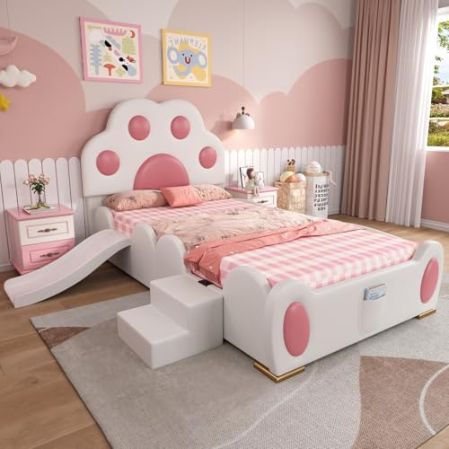 KOMHTOM Lit Plateforme Enfant 90x200cm avec Toboggan, échelle, Sommier à Lattes en Bois et Tête de lit Rembourrée - Cadre de Lit Moderne pour Enfants et Adolescents (Blanc-A)