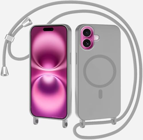 SLWYF Magnetische Handykette für iPhone 17 Hülle mit Band, Handyhülle Kompatibel mit MagSafe, Silikon Seil Necklace Handyhülle PU Stoßfest mit Abnehmbar Kordel zum Umhängen Case - Grau