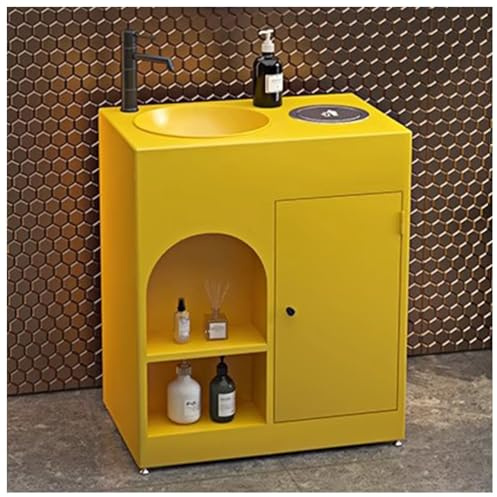 Mueble de baño independiente con lavabo, armario de hierro nanorecubierto, fregadero moderno con orificio para grifo y desbordamiento, incluye cubo de basura y espejo