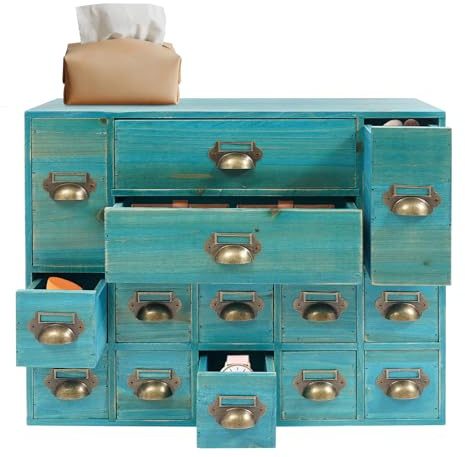 FFanhia 14 Drawers Apothecary Cabinet with Drawers Vintage Library Card Catalog Cabinet Tabletop Wooden Storage Box Medicine Organizer Home Office Organization and Storage