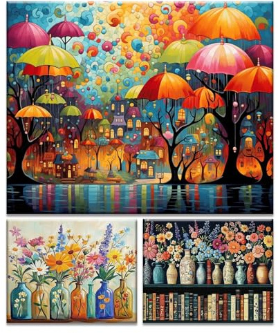 JATOK 3 Packs Paint by Number for Adults - 16x20in/40x50cm, Flowers on Colored Rolled Canvas with 3 Sets Pigments, Easy DIY Acrylic Painting for Beginners, Home Wall Decor (No Frame)