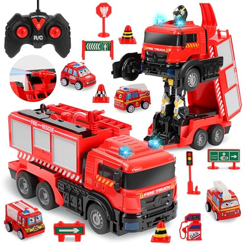 Charmofun Feuerwehrauto Ferngesteuert, 1:14 Groß Feuerwehr Spielzeug mit Licht Sound Wasserspritz, 2 in 1 Transformator Ferngesteuertes Auto Spielzeug, Spielzeugauto Kinder Weihnachten Geschenke