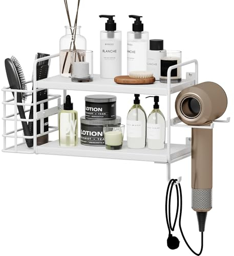 3-in-1 Wall Mounted Hair Dryer Holder with 2 Tier Shelves & Detachable Basket, Space Saving Organizer for Bathroom, Kitchen, Bedroom, Rust-Resistant, Easy Install (White)