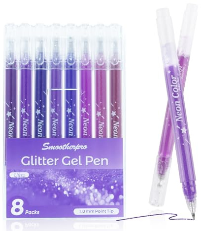 SMOOTHERPRO Glitter gelpennor | 8-pack | 1,0 mm spets | lila glitter gelpenna | För målarböcker för dagliga hantverkskort (GLP008P) | lila serie