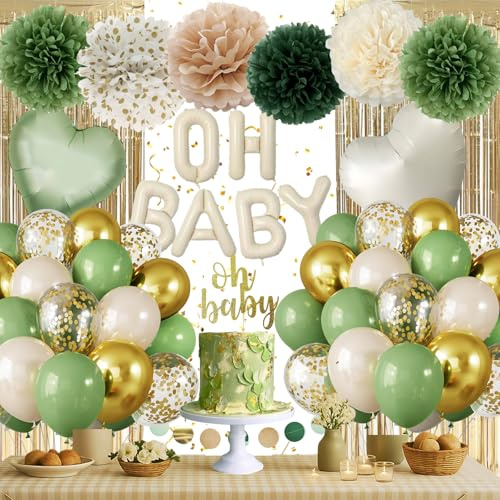 Babyparty Deko Mädchen Jungen, Grün Baby Party Dekoration Neutral, Baby Shower Deko mit Oh Baby Deko Luftballon, Herzförmige Folienballons, Lametta Vorhang, Boy or Girl Deko für Gender Reveal Party