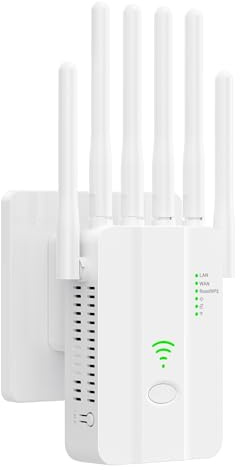 Repeteur WiFi Puissant, Amplificateur WiFi, Répéteur WiFi avec 6 Antennes, 2 Ports LAN, Modes (Répéteur, Routeur, AP), Couverture jusqu'à 3000 pi², pour la Maison et Le Bureau, Installation Facile