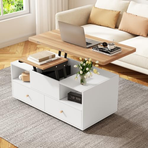 Merax Mesa de centro plegable con 4 cajones de altura ajustable, 100 x 50 x 47,5 cm, mecanismo de elevación hidráulica, mesa de sofá multifuncional, color blanco con tapa de nogal