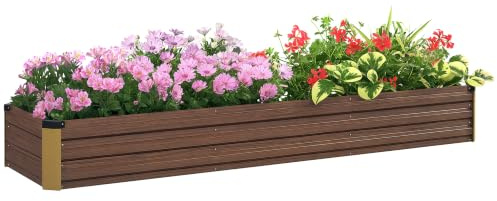 Outsunny Letto per Orto Rialzato 405L 240x60x30 cm Effetto Legno Scuro | da Esterno, Fioriera da Balcone, Acciaio Galvanizzato, Fondo Aperto, per Piante Fiori e Verdure